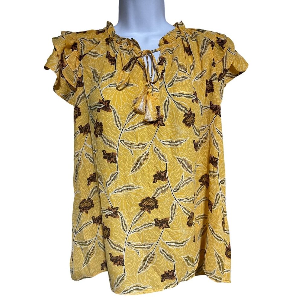 Rose + Olive Yellow Floral Ruffle Flutter Sleeve Blouse Womens Size Small Boho